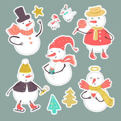 Vector stickers of holidays snowman with Christmas tree, candy, snowflakes, gift, birds. Christmas and New Year set for design.