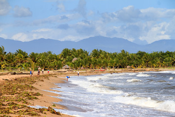 The coastline of Maroantsetra in Madagascar, with palm trees and hills in the background