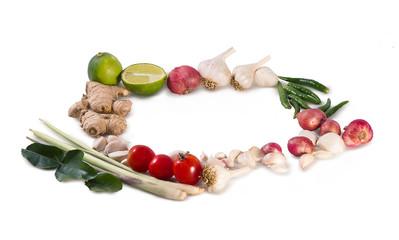 Traditional Thai food cuisine on Herb ingredient of Tom Yum spicy white background