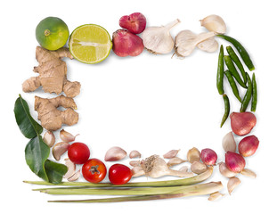 Traditional Thai food cuisine on Herb ingredient of Tom Yum spicy white background