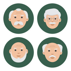 Colored set of old men face icons on green background. Vector illustration