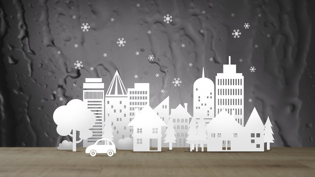 Eco City with Snow on sepia Abstract Water Background