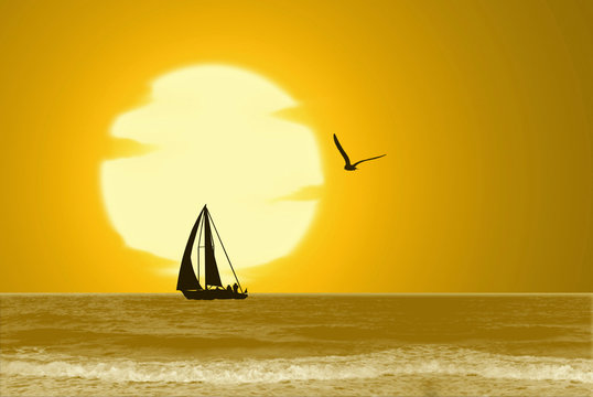 Ilustración, barco, sol, pájaro, mar, playa, fondo iluminado. Verano