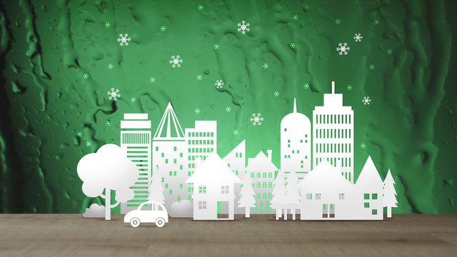Eco City with Snow on Green Abstract Water Background