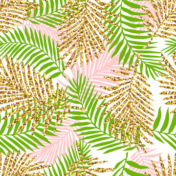 Tropical seamless pattern with monstera and palm leaves and golden glitter texture. Vector illustration