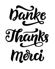 Thank you phrase, hand written lettering in german, english and french