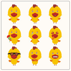 Vector set of isolated chicken with different emotions. Collection funny chicken in cartoon style.