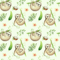 Baby animals sloth nursery isolated seamless pattern painting. Watercolor boho tropical drawing, child tropical drawing cute palm tree leaves, tropic green texture, exotic flower. Aloha baby shower © kris_art