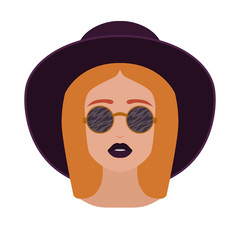 Cute beautiful young girl face with glasses and hat. Style ginger woman. Vector avatar