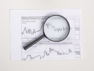 Magnifying glass looking at financial numbers
