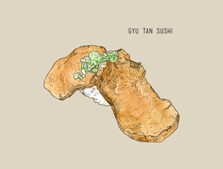 Gyu tan sushi or beef thoung sushi ,sketch vector.