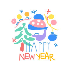 Happy New Year logo template colorful hand drawn