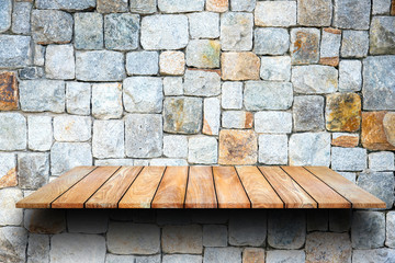 wooden plank shelves and white Stone Wall background. For product display.