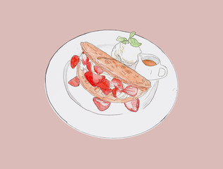strawbeery waffle with fresh cream, honey and vanilla ice-cream , hand drawn water color sketch vector.