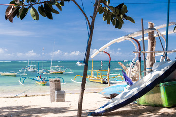 Surfboard on the Sanur beach, tropical Bali island, Indonesia.