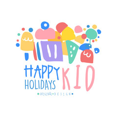 Kid Happy Holidays logo template original design colorful hand drawn vector Illustration