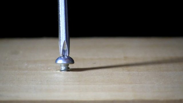 A pan head screw is loosened from pine board by hand with phillips head screwdriver on left side.  Macro shot from slight high angle looking down with black background.