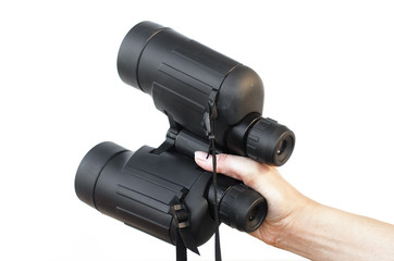 Binoculars isolated. Binoculars in hand.