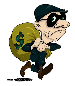 Cartoon image of burglar with loot bag. An artistic freehand picture.