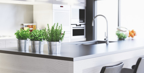 Cucina nuova con design moderno, render 3d