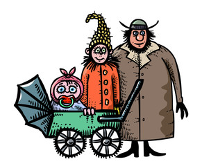 Cartoon image of Family Icon. Parents with child symbol. An artistic freehand picture.