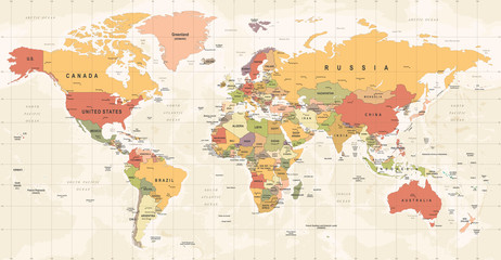 Wereldkaart Vintage Vector. Gedetailleerde illustratie van wereldkaart