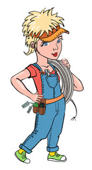 Cartoon image of female mechanic. An artistic freehand picture.