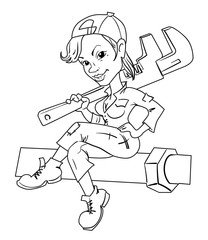 Fototapeta na wymiar Cartoon image of female plumber. An artistic freehand picture.