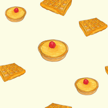 Creme Brulee Tart And Waffle Sketch Vector Pattern