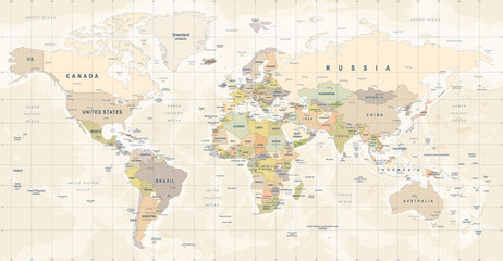 Mapa świata fototapeta, szczegółowa ilustracja mapy świata - obrazy, fototapety, plakaty