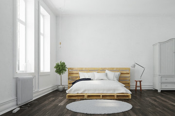 Palettenbett im Schlafzimmer von Altbauwohnung