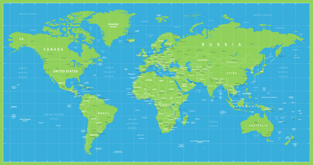 Fototapeta na wymiar World Map Vector Blue Green. Detailed illustration of worldmap