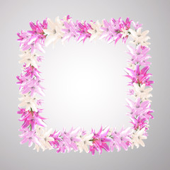 Square frame with pink flowers of lily. Romantic design illustration. Greeting or invitation cards template.