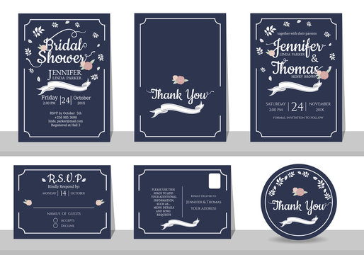 Set of Navy Blue Wedding invitation card minimalist style. Bridal shower card. RSVP card. Thank you sticker.Front and Back template. for sweet couple concept .Vector/Illustration