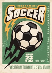 Soccer tournament vector poster template with soccer ball and creative letterhead on green background
