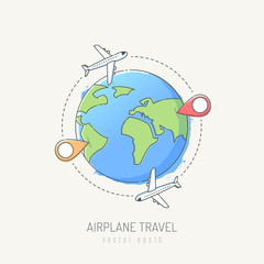 World travel concept. Two airplanes flying around the globe vector illustration in sketchy line art style