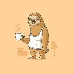 Sad sloth cartoon character holding cup of morning coffee vector illustration - obrazy, fototapety, plakaty