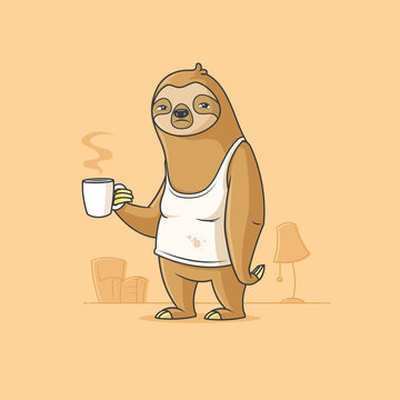Sad sloth cartoon character holding cup of morning coffee vector illustration