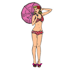 Portrait of sexy retro pin up girl in polka dot bikini posing with umbrella, hand drawn outline doodle, sketch in pop art style, color vector illustration © ArtoPhotoDesigno