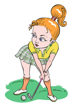 Cartoon image of woman playing golf. An artistic freehand picture.