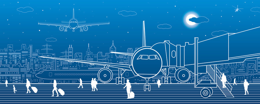 Airport scene. The plane is on the runway. Aviation transportation infrastructure. Airplane fly, people get on the plane. Night city on background, vector design art