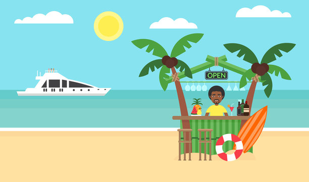 Summer background - sunset beach. Sea, yacht and a palm tree. African man. Modern flat design. Vector illustration.