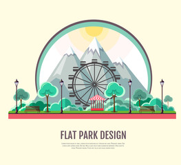 Flat style modern design of public park with mountains landscape