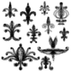 Set of eleven hand drawn doodles in black of Fleur de lis signifying perfection light and life © Tharun