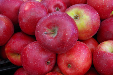 Fototapeta na wymiar Apples piled in wooden crate for farmers market