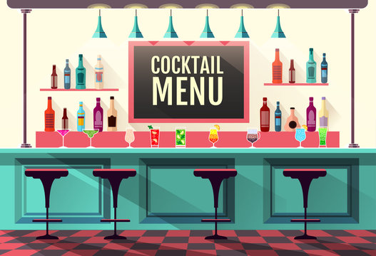 Flat style interior of cocktail bar. Web site design. Cocktail menu