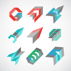 Set of minimal geometric multicolor symbol set shapes. Trendy icons and logotypes. Business signs symbols, labels, badges, frames and borders