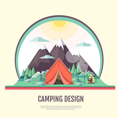 Flat style design of vintage Mountains landscape and camping.