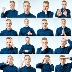 Set of young man's portraits with different emotions and gestures