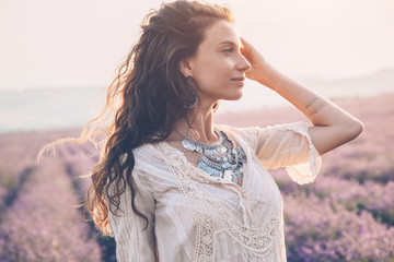 Boho styled model in lavender field